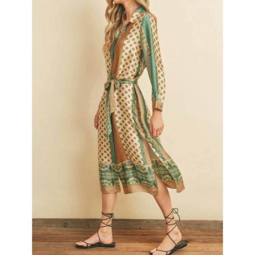 Dress Forum Sasha Border Print Satin Shirt Dress sz S - Picture 2 of 9